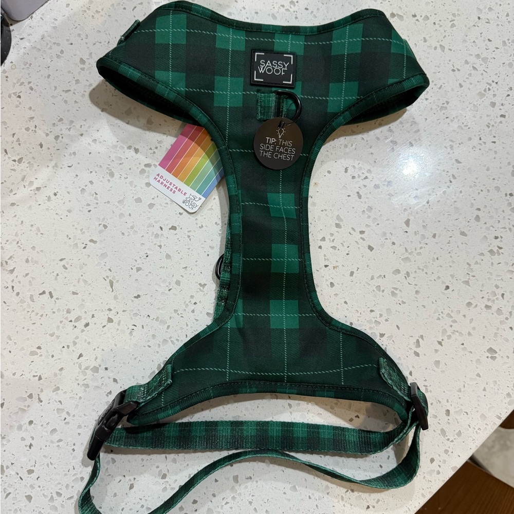 Sassy Woof Green Plaid Dog Harness NWT